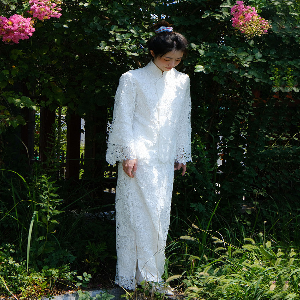 Note of Love White Luxury New Chinese Lace Improved Cheongsam Design for Bridal Morning Robe Dress image 4