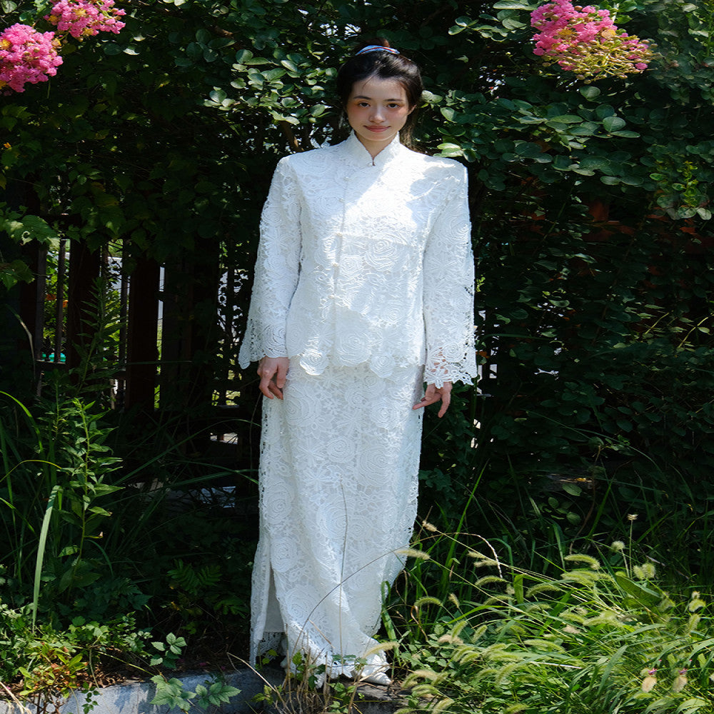 Note of Love White Luxury New Chinese Lace Improved Cheongsam Design for Bridal Morning Robe Dress image 5