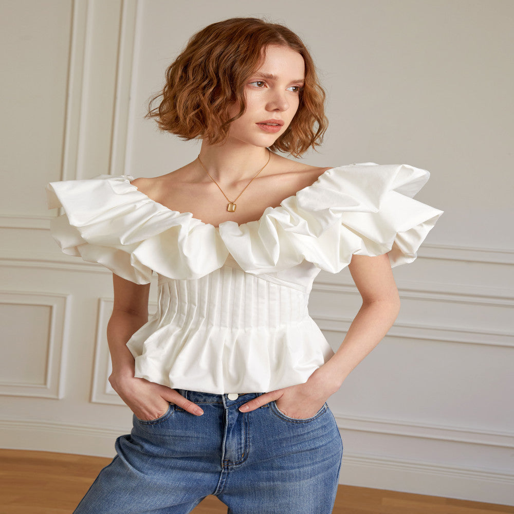 AEL original French ruffled flying sleeve top 2025 summer new holiday style pleated slim waist top image 1