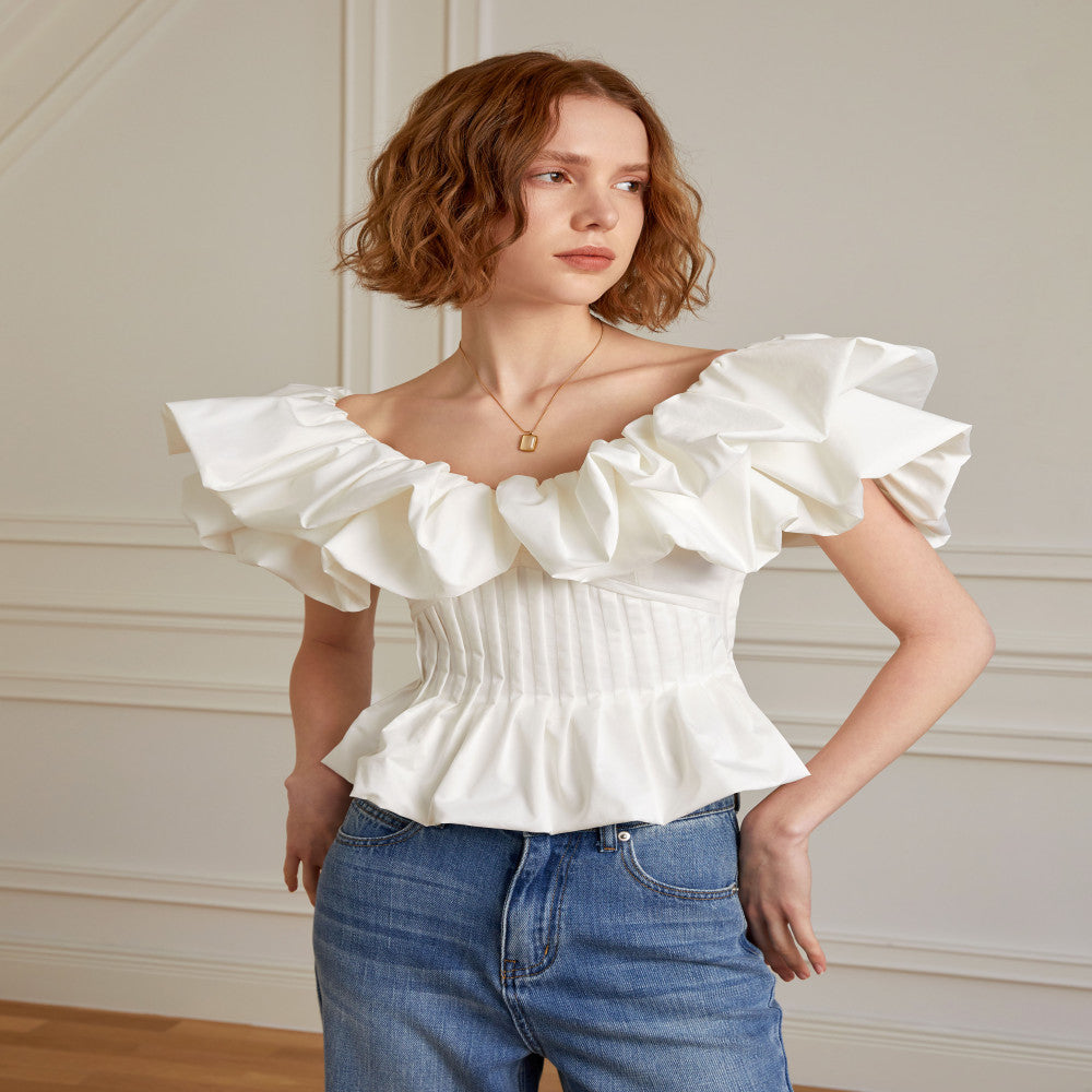 AEL original French ruffled flying sleeve top 2025 summer new holiday style pleated slim waist top image 2