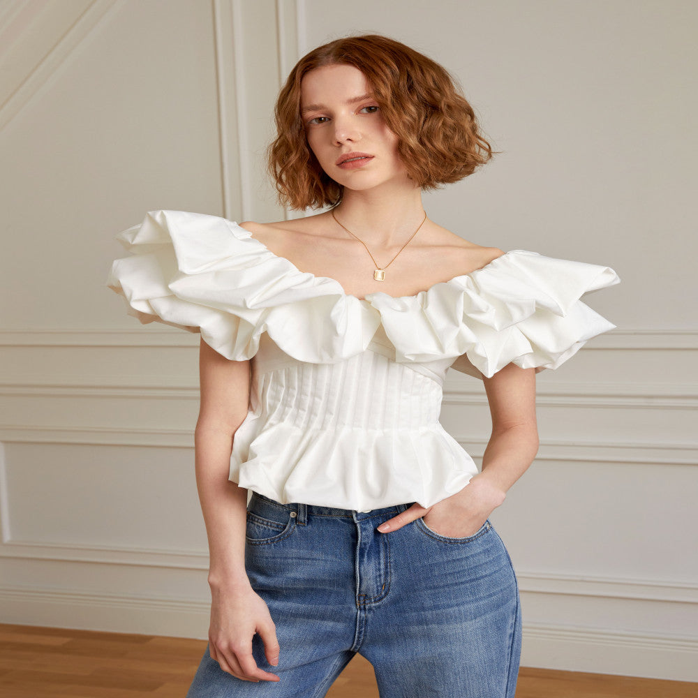 AEL original French ruffled flying sleeve top 2025 summer new holiday style pleated slim waist top image 4