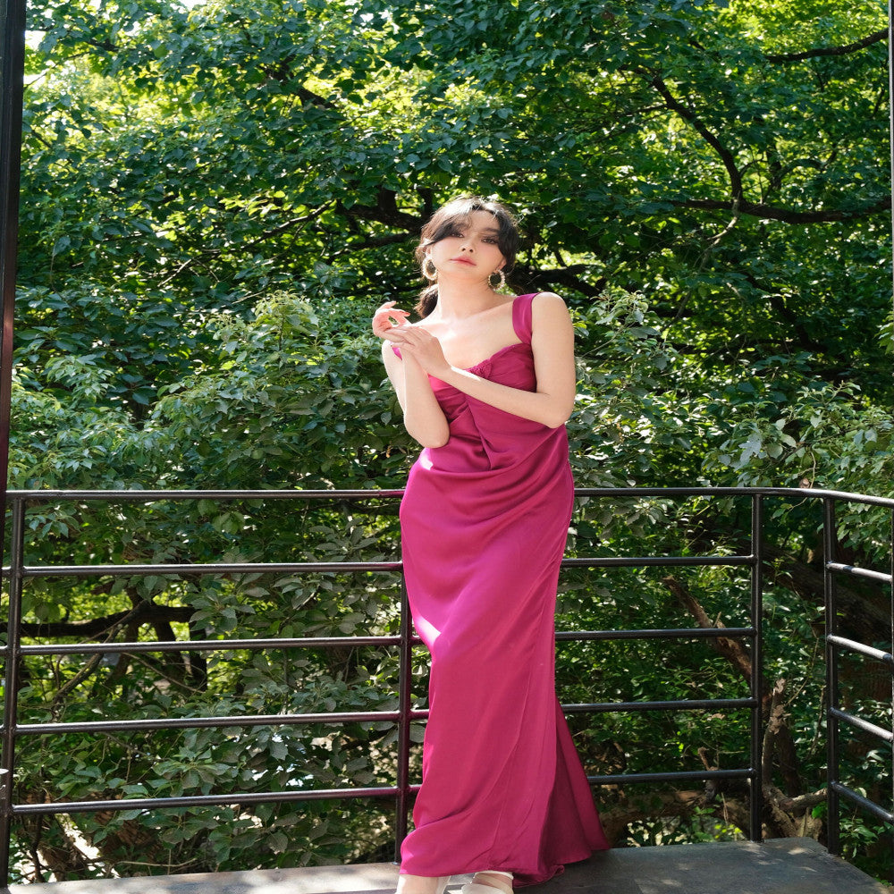 Ice plum powder retro shoulder strap one neck backless dress with high end feel bridal morning gown long style annual party evening gown dress image 4