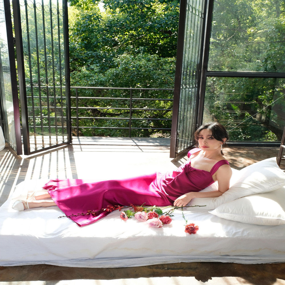 Ice plum powder retro shoulder strap one neck backless dress with high end feel bridal morning gown long style annual party evening gown dress image 5