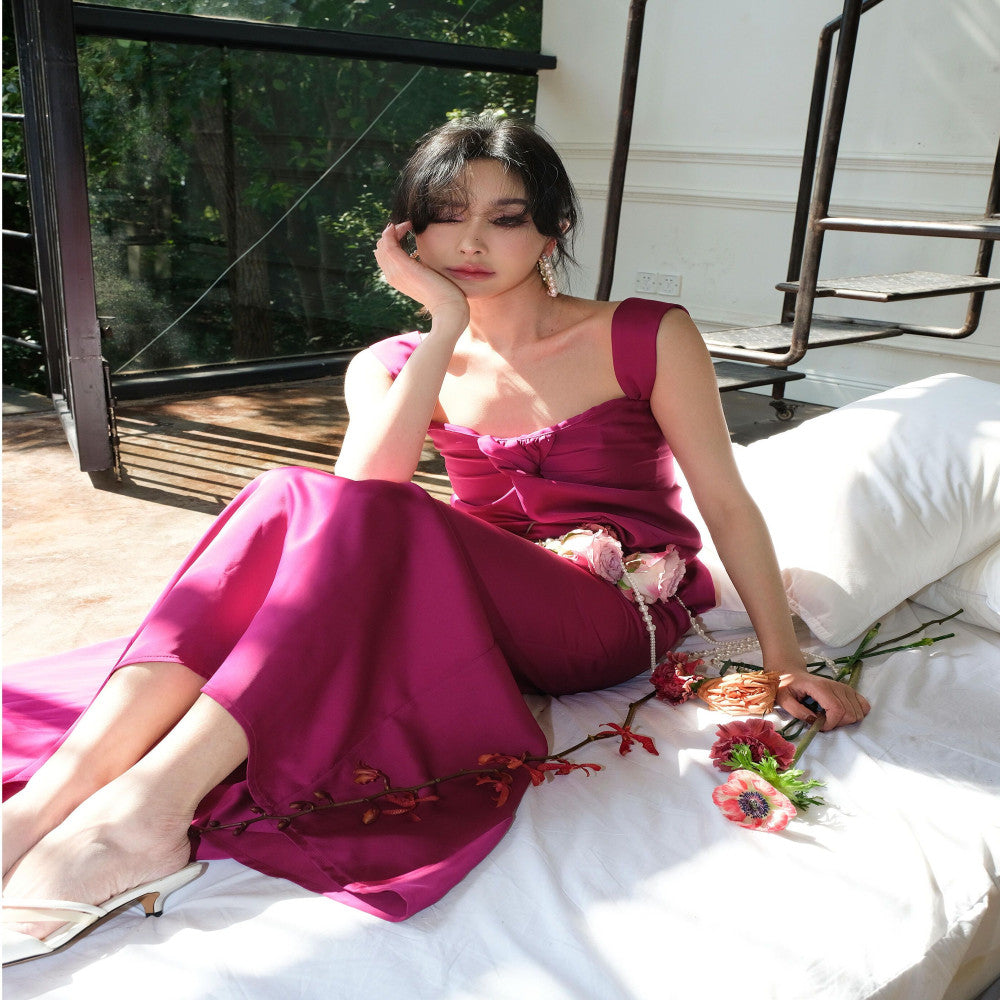 Ice plum powder retro shoulder strap one neck backless dress with high end feel bridal morning gown long style annual party evening gown dress image 0