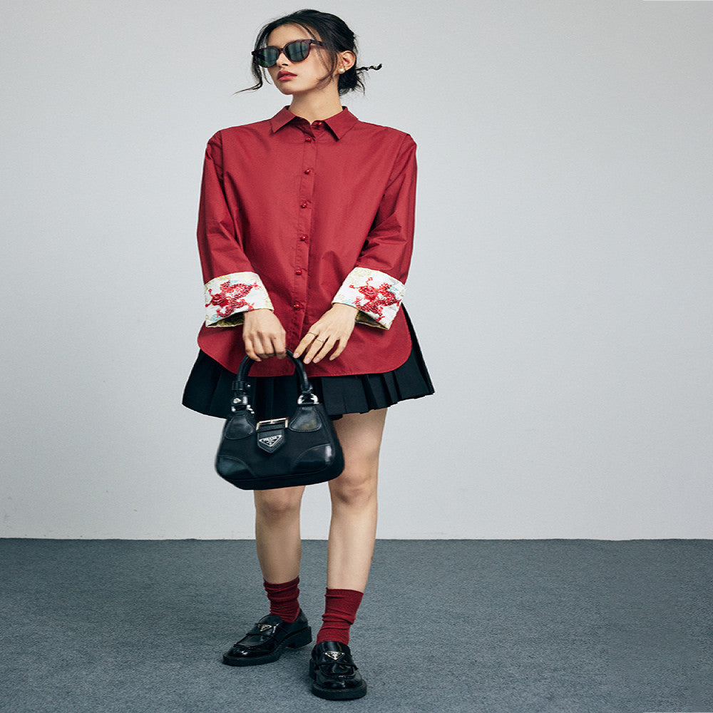 In stock Dragon Pattern Heavy Industry handmade nail bead dragon totem embroidery lapel loose silhouette poplin cotton shirt top image 3