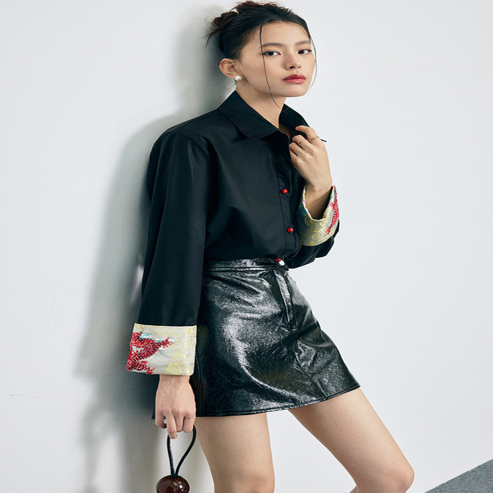 In stock Dragon Pattern Heavy Industry handmade nail bead dragon totem embroidery lapel loose silhouette poplin cotton shirt top image 4