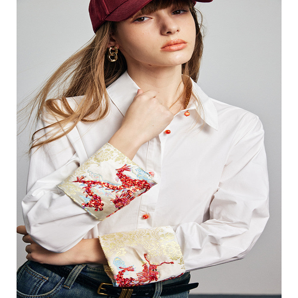 In stock Dragon Pattern Heavy Industry handmade nail bead dragon totem embroidery lapel loose silhouette poplin cotton shirt top image 0