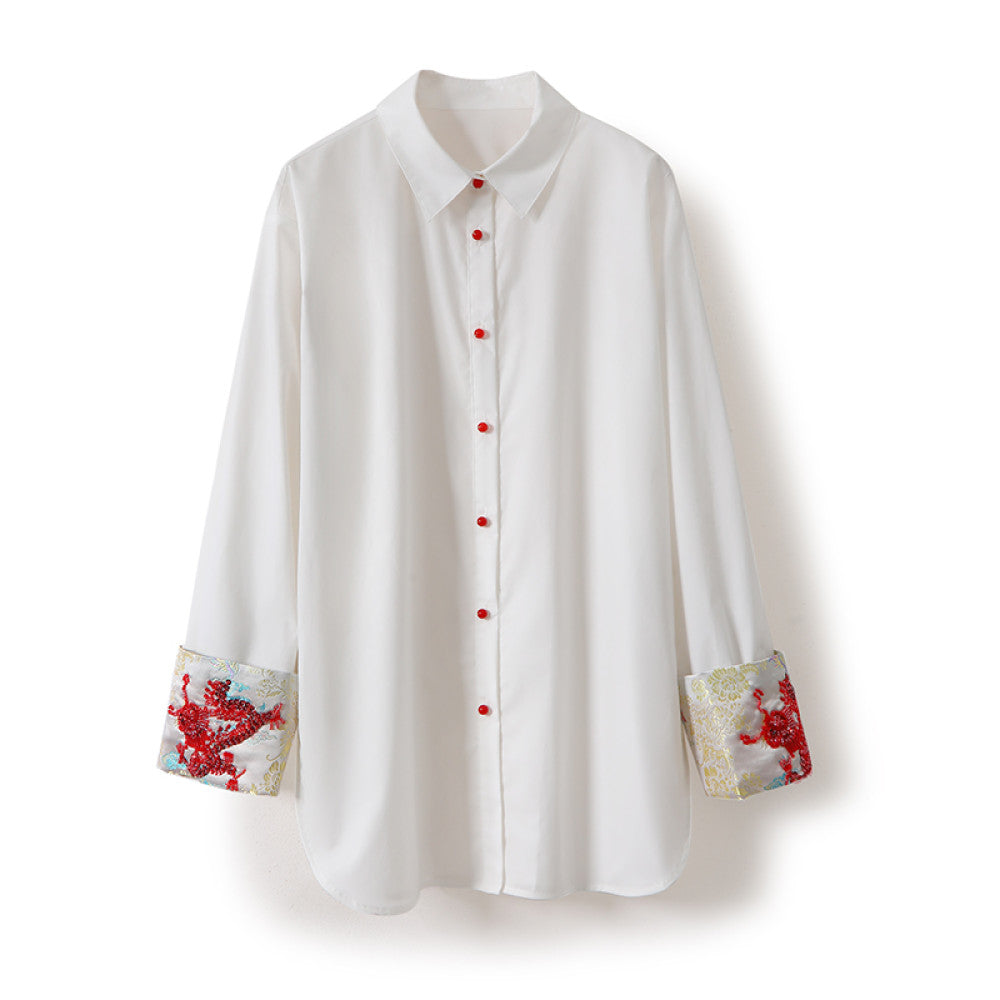 In stock Dragon Pattern Heavy Industry handmade nail bead dragon totem embroidery lapel loose silhouette poplin cotton shirt top image 7