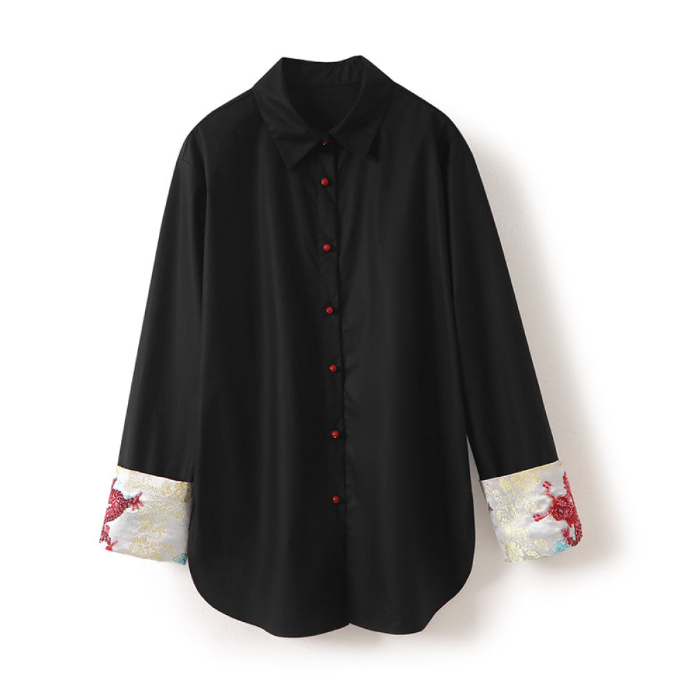 In stock Dragon Pattern Heavy Industry handmade nail bead dragon totem embroidery lapel loose silhouette poplin cotton shirt top image 21