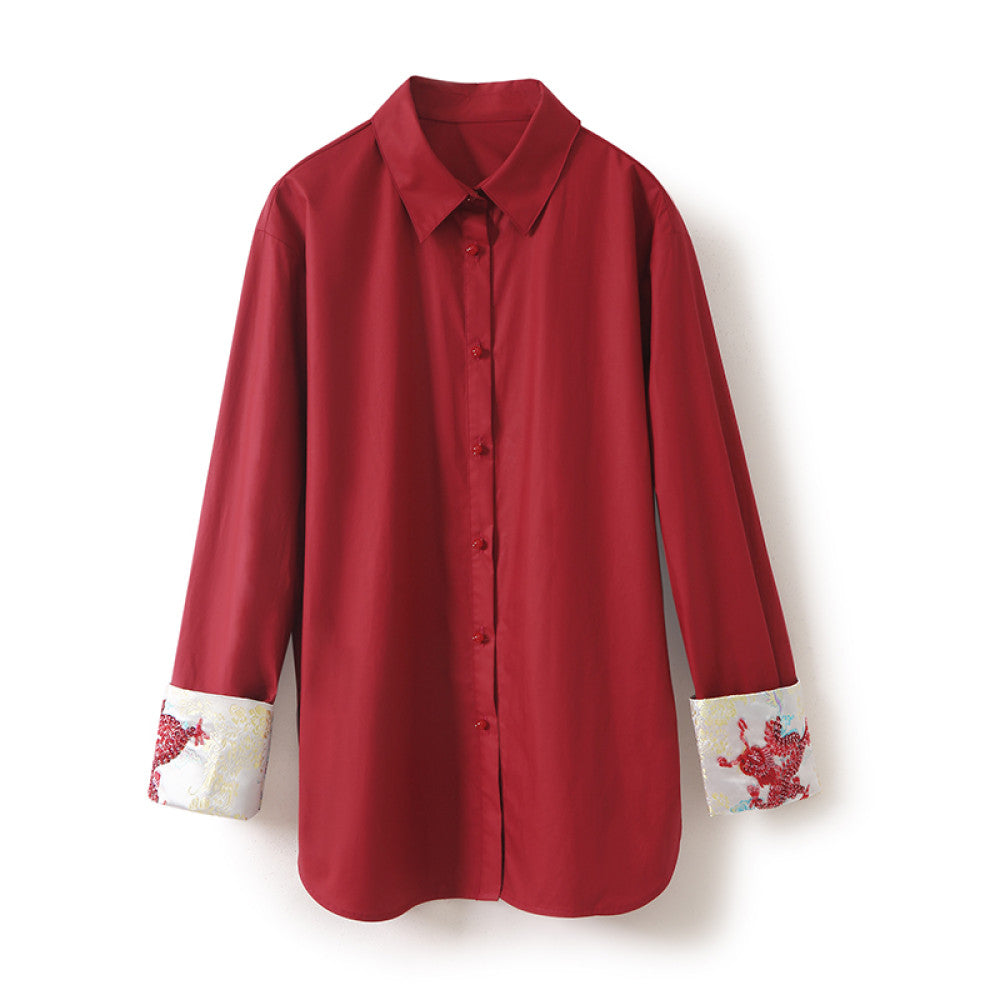 In stock Dragon Pattern Heavy Industry handmade nail bead dragon totem embroidery lapel loose silhouette poplin cotton shirt top image 27