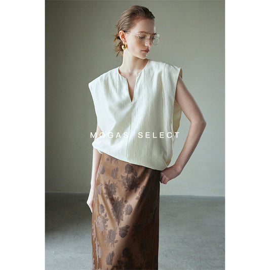 ASAYA3563 South France Holiday Heavy Lyocell French V-neck T-shirt Sleeveless Top Vest