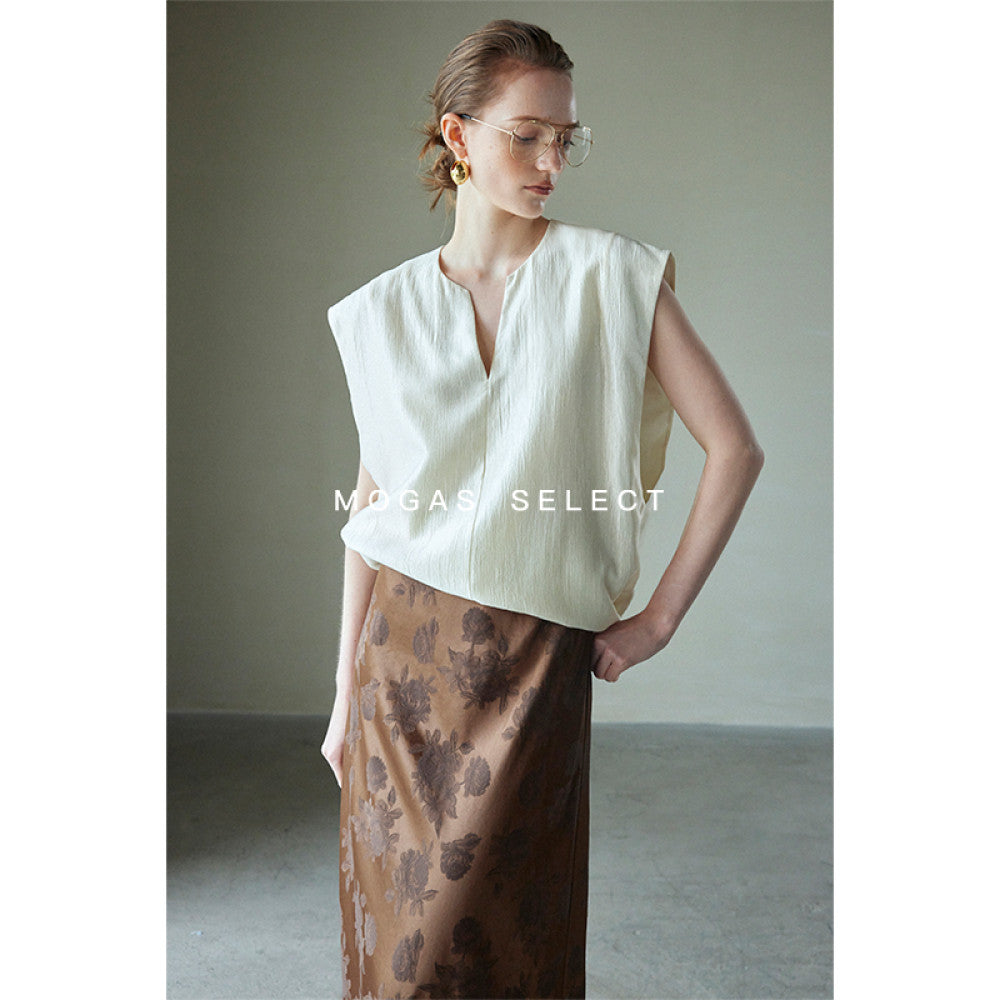 Mogas South French holiday heavyweight Lyocell blend French V neck T shirt sleeveless top vest women s summer outerwear image 11