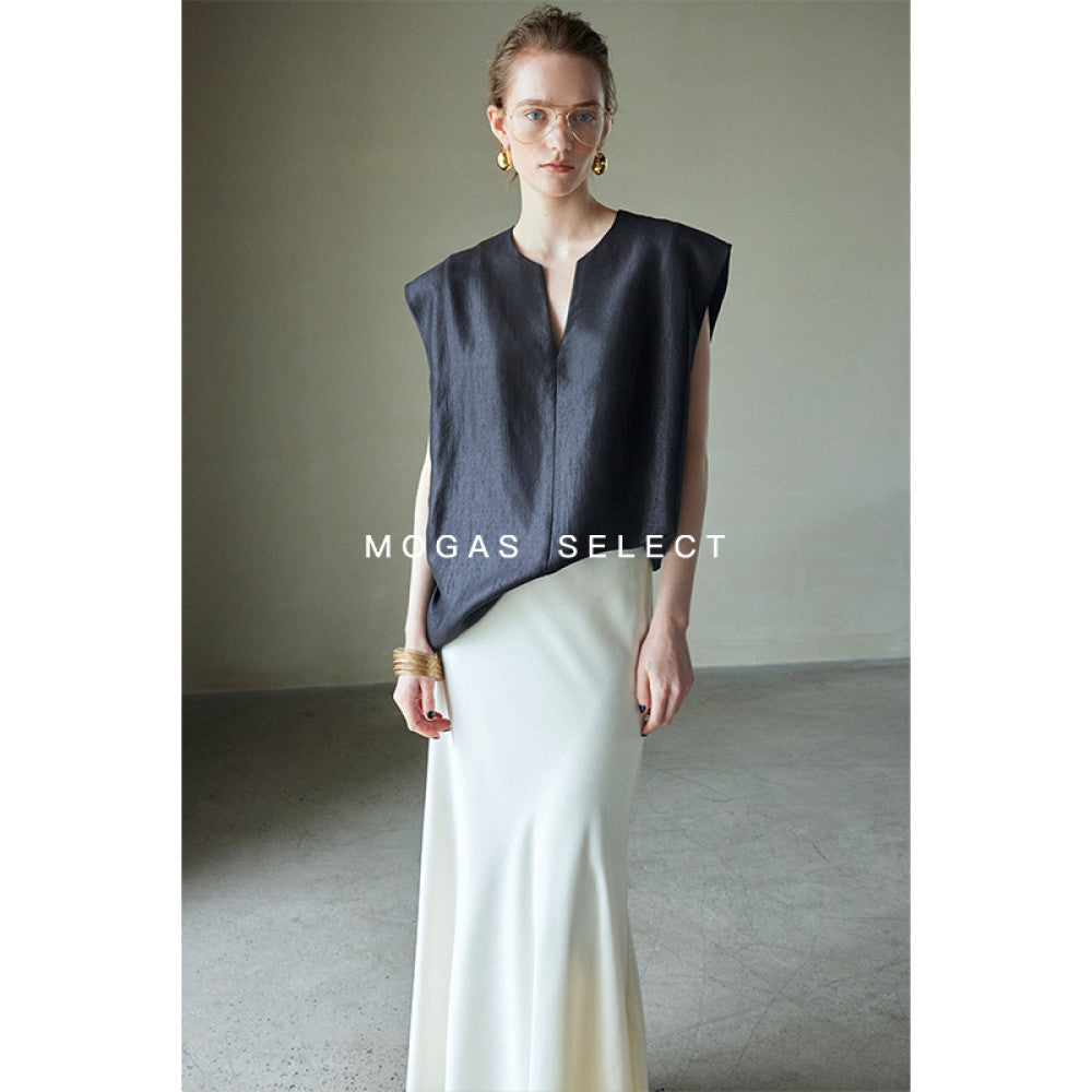 Mogas South French holiday heavyweight Lyocell blend French V neck T shirt sleeveless top vest women s summer outerwear image 26