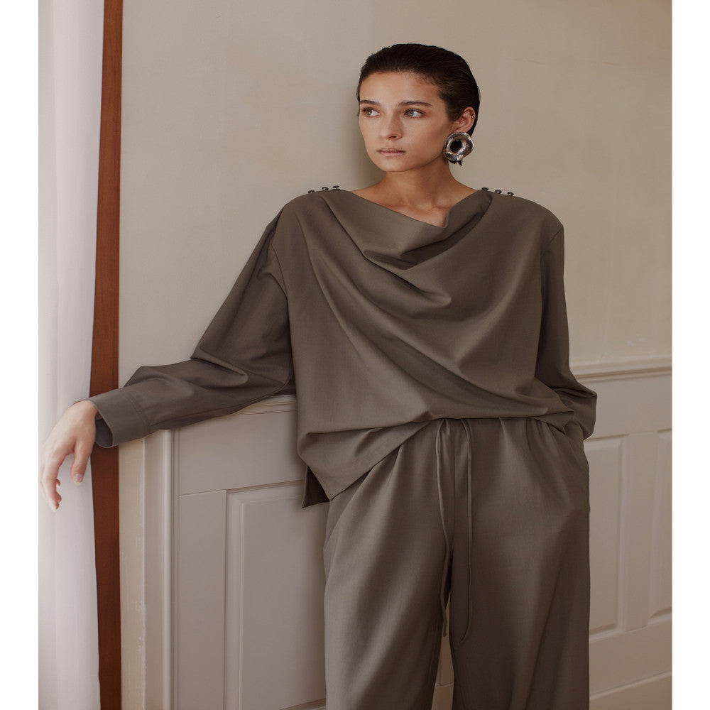 Le Samedi Relaxing R0w Style and Simple Aesthetics British Woolen Swing Neck Elastic Wide Leg Pants Set image 1