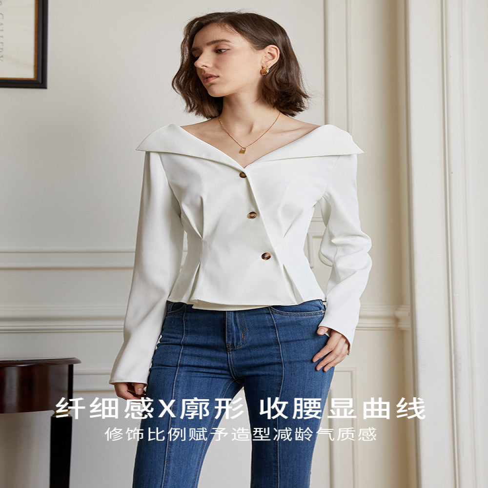 AEL original custom design feeling lapel and waist cinched V neck shirt for women autumn new commuter French top for women image 16