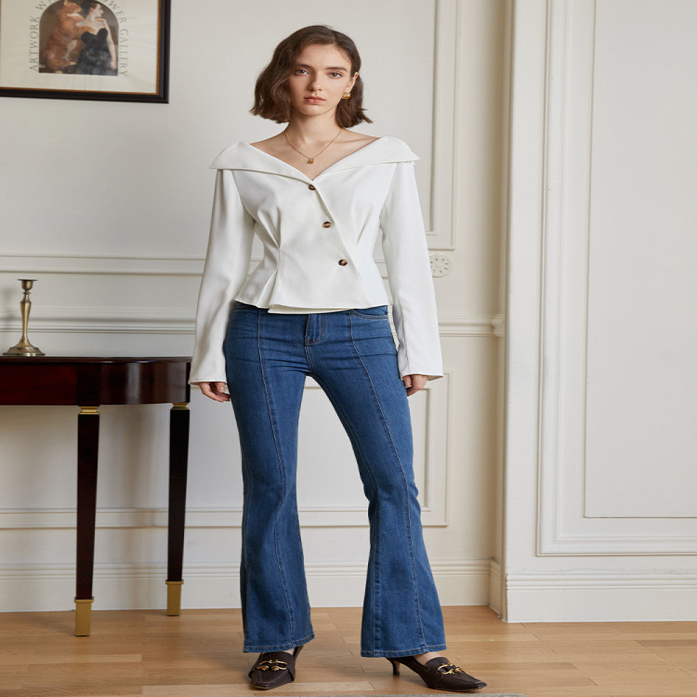 AEL original custom design feeling lapel and waist cinched V neck shirt for women autumn new commuter French top for women image 17