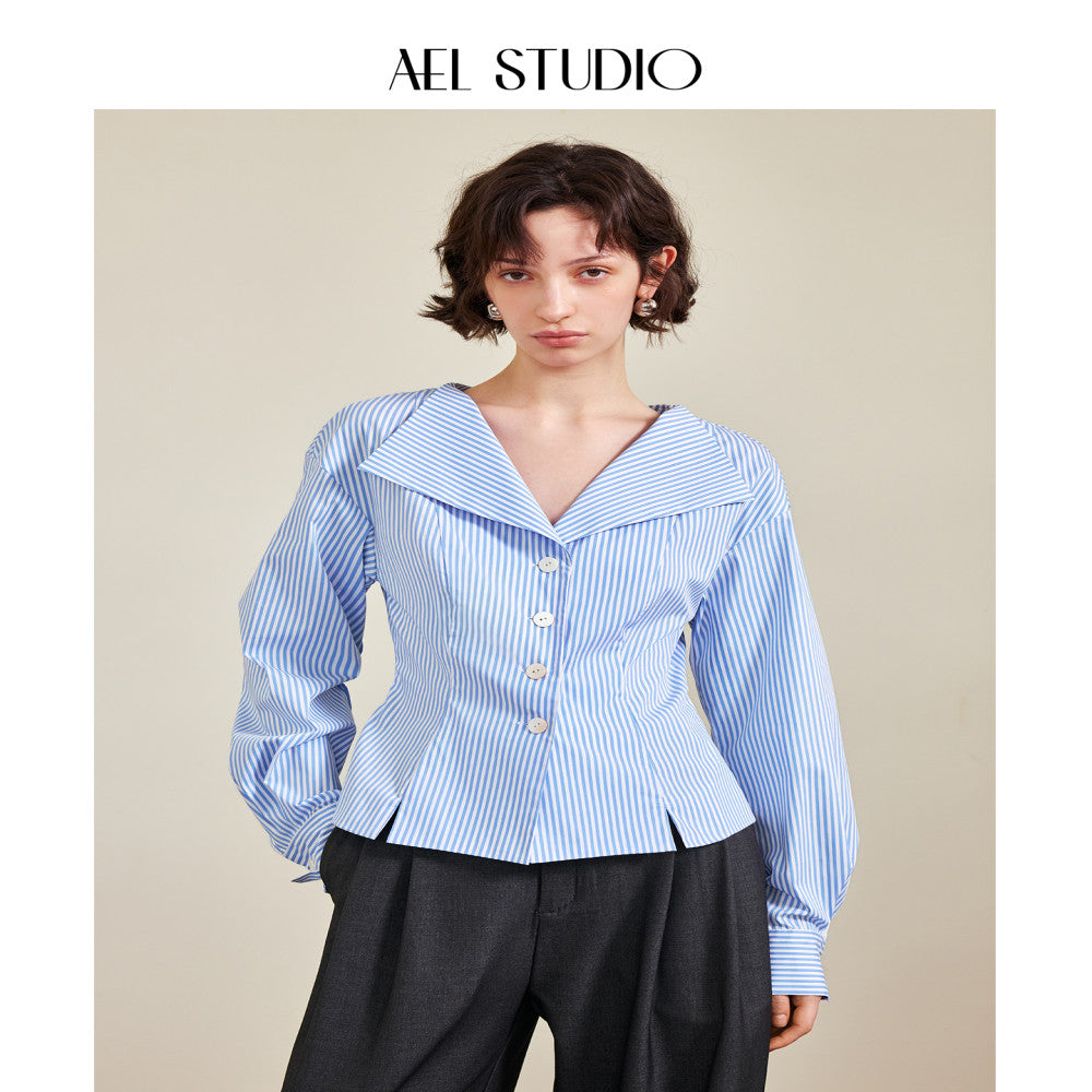 AEL original custom design feeling lapel and waist cinched V neck shirt for women autumn new commuter French top for women image 18