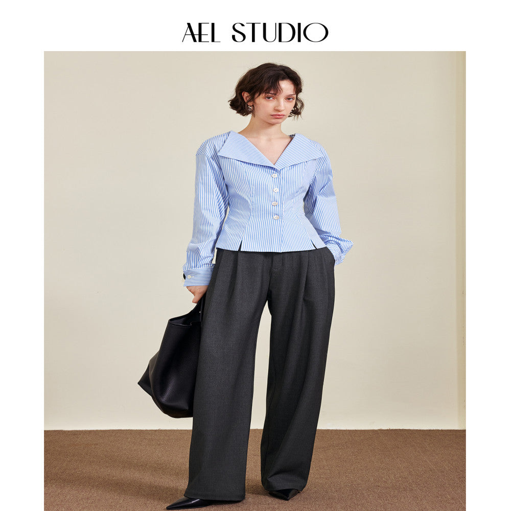 AEL original custom design feeling lapel and waist cinched V neck shirt for women autumn new commuter French top for women image 19