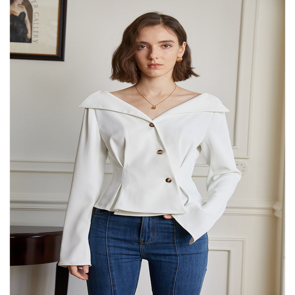 AEL original custom design feeling lapel and waist cinched V neck shirt for women autumn new commuter French top for women image 0