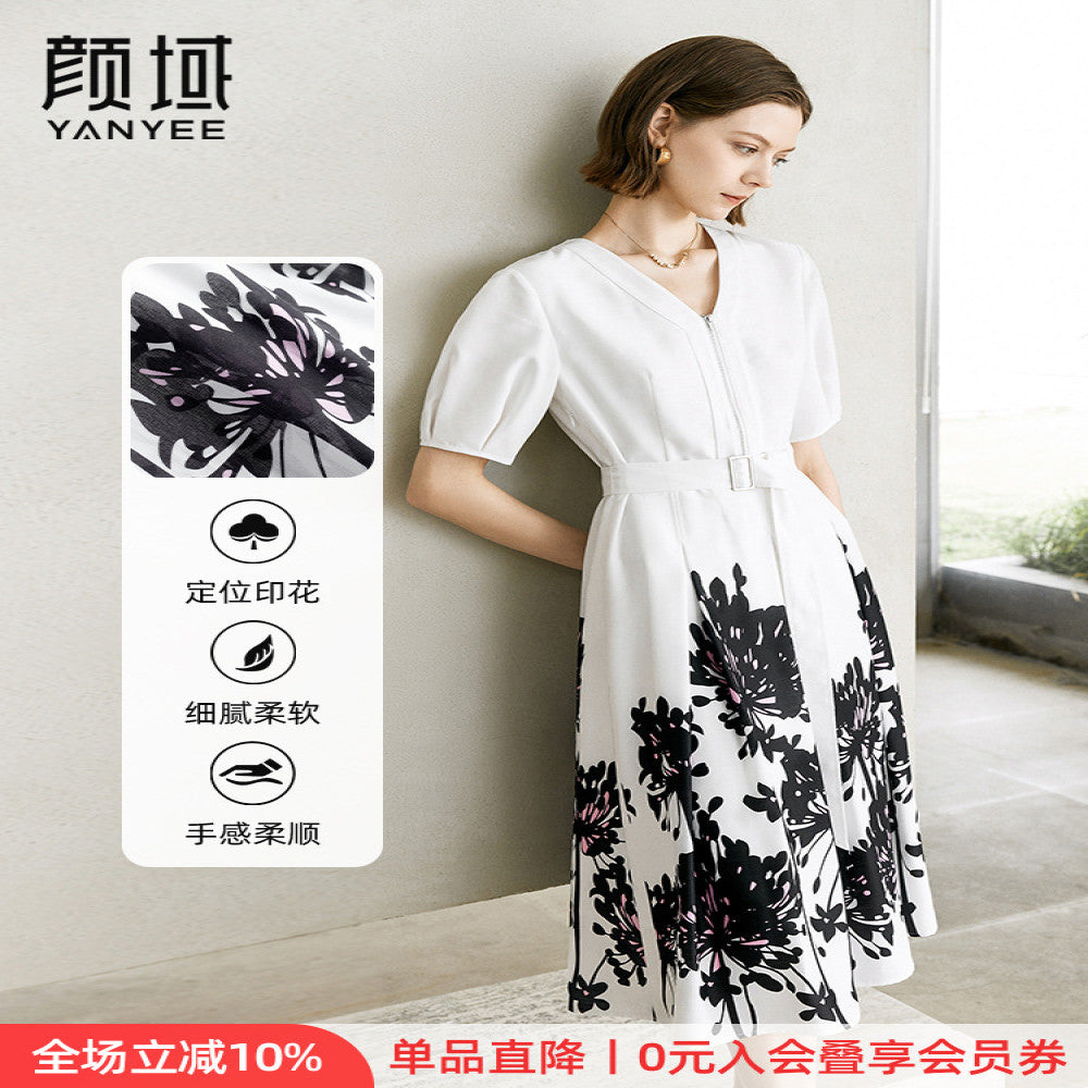 Yanyu printed temperament dress for women s clothing 2025 new summer fashion simple and fashionable short sleeved V neck dress image 1