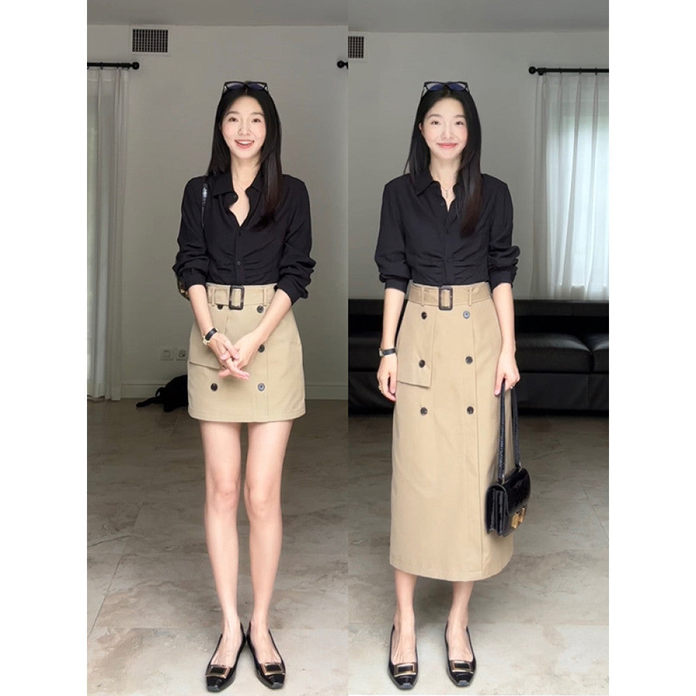Guo Jiunian cotton khaki workwear A line skirt with belt linen Tencel versatile slimming black shirt for women image 1