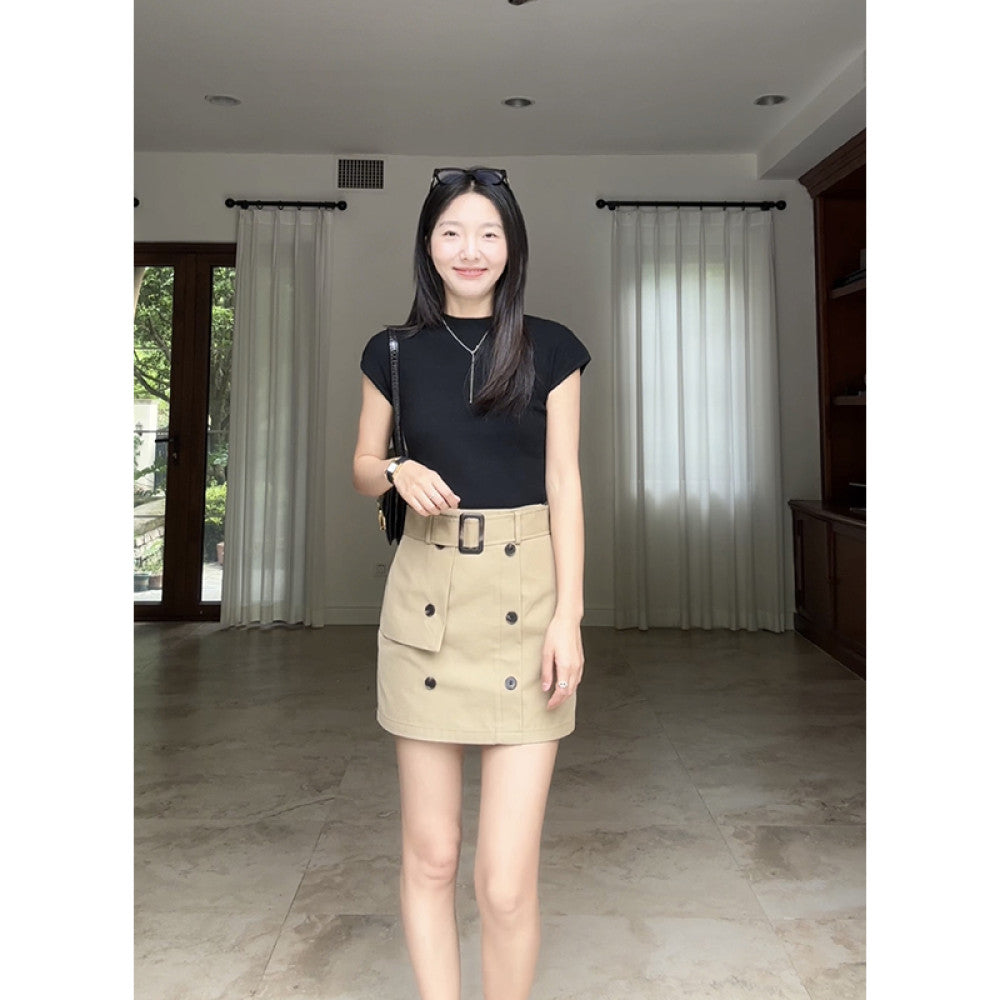 Guo Jiunian cotton khaki workwear A line skirt with belt linen Tencel versatile slimming black shirt for women image 4