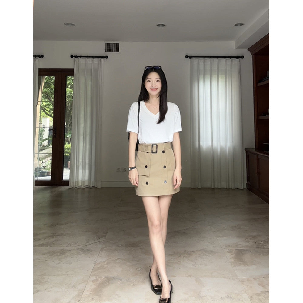 Guo Jiunian cotton khaki workwear A line skirt with belt linen Tencel versatile slimming black shirt for women image 5