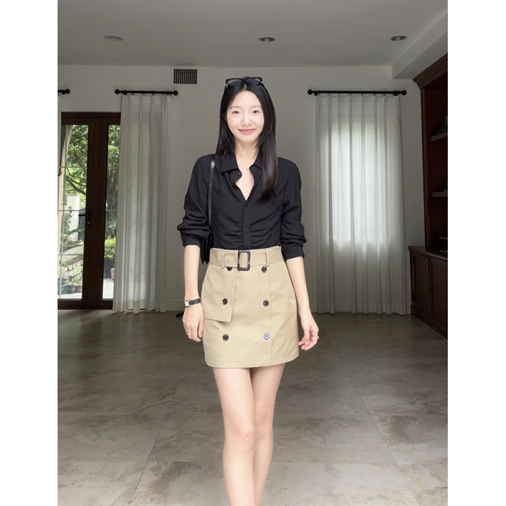 Guo Jiunian cotton khaki workwear A line skirt with belt linen Tencel versatile slimming black shirt for women image 24
