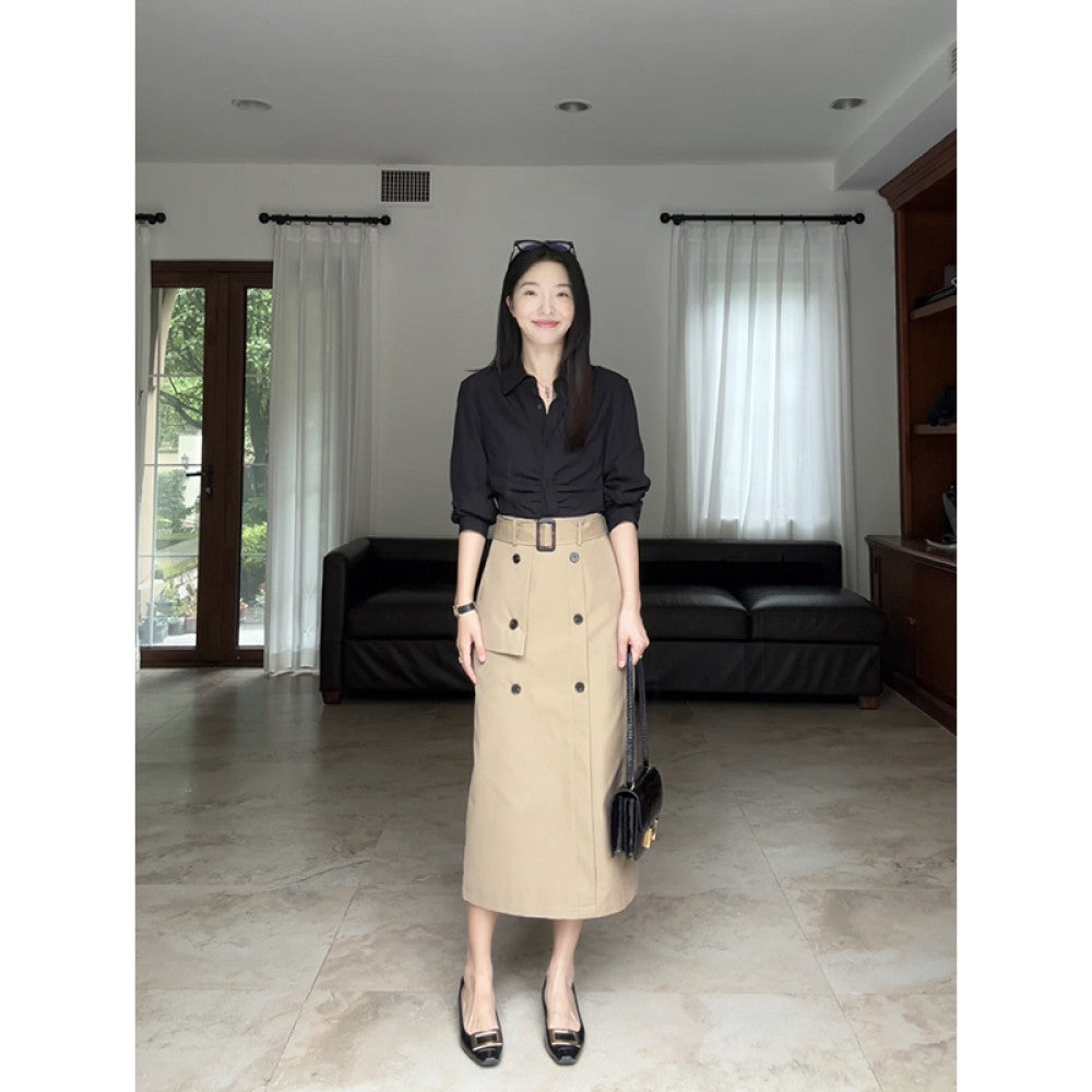 Guo Jiunian cotton khaki workwear A line skirt with belt linen Tencel versatile slimming black shirt for women image 44