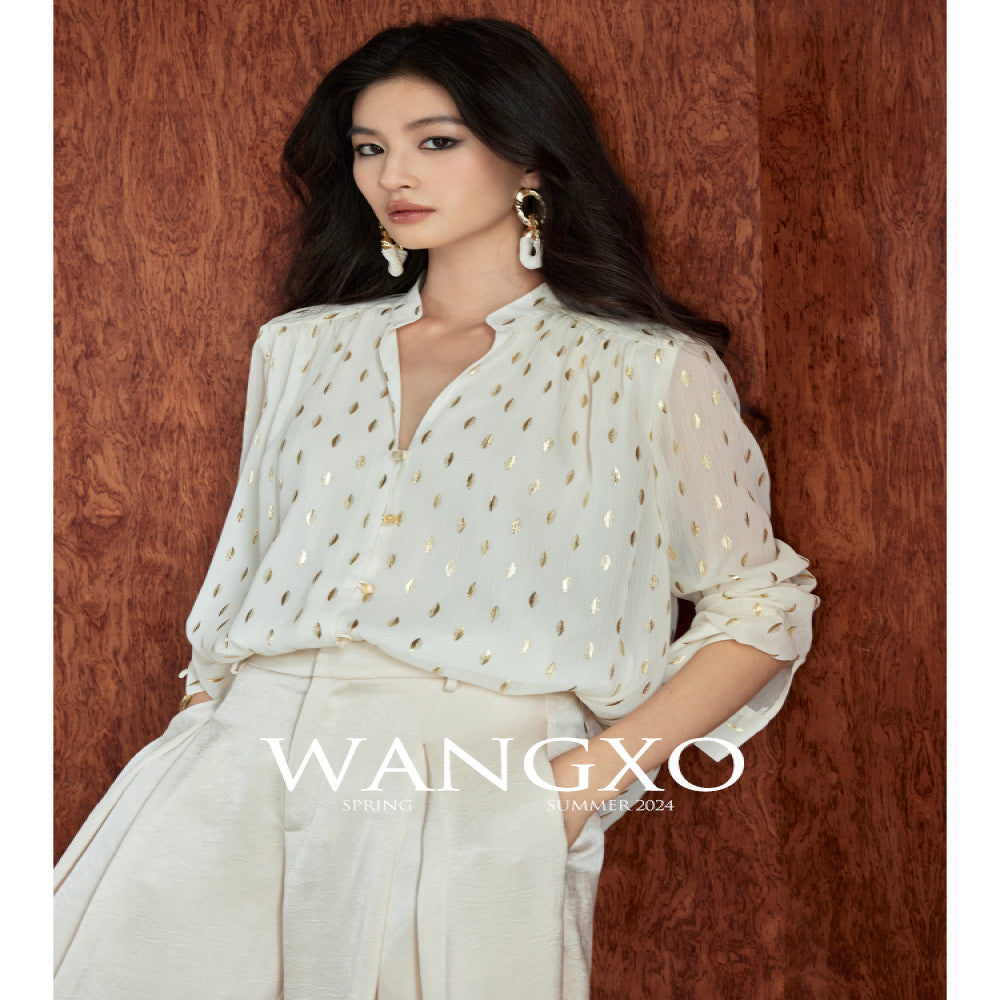 WANGXO Gilded Chiffon with Gold Leaf Pattern Custom Gold Sprinkled Glass Buttons Women s Loose Straight Shirt with Small Stand Up Collar image 1