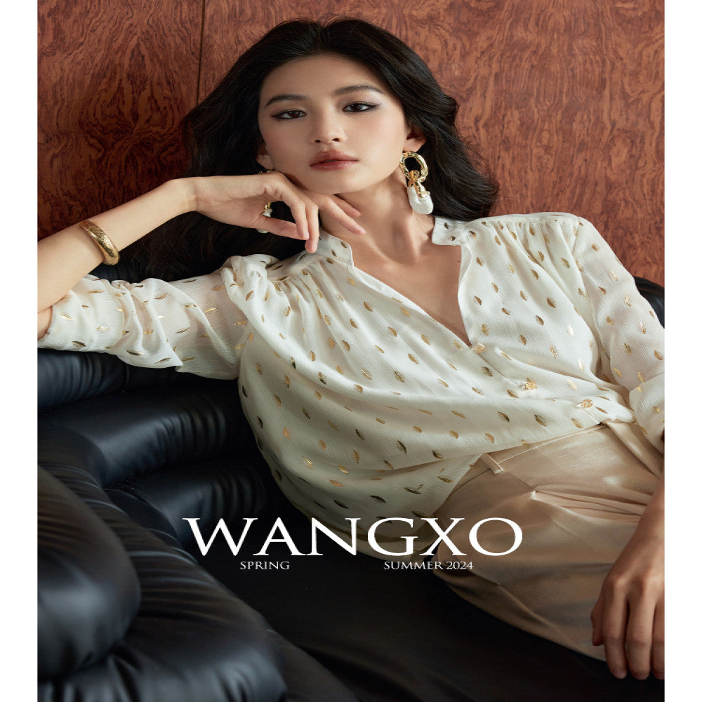 WANGXO Gilded Chiffon with Gold Leaf Pattern Custom Gold Sprinkled Glass Buttons Women s Loose Straight Shirt with Small Stand Up Collar image 2