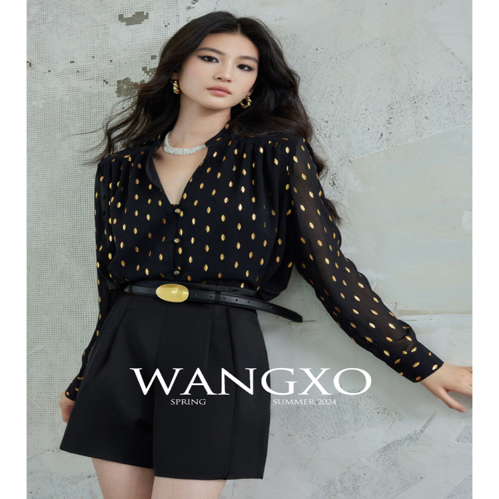 WANGXO Gilded Chiffon with Gold Leaf Pattern Custom Gold Sprinkled Glass Buttons Women s Loose Straight Shirt with Small Stand Up Collar image 3