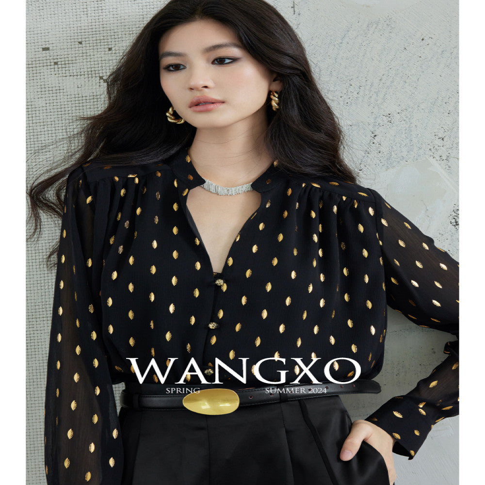 WANGXO Gilded Chiffon with Gold Leaf Pattern Custom Gold Sprinkled Glass Buttons Women s Loose Straight Shirt with Small Stand Up Collar image 4