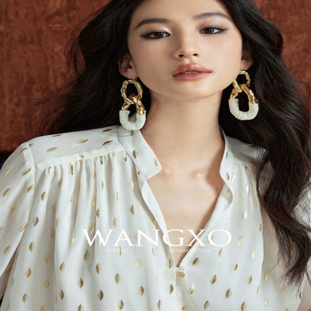 WANGXO Gilded Chiffon with Gold Leaf Pattern Custom Gold Sprinkled Glass Buttons Women s Loose Straight Shirt with Small Stand Up Collar image 5