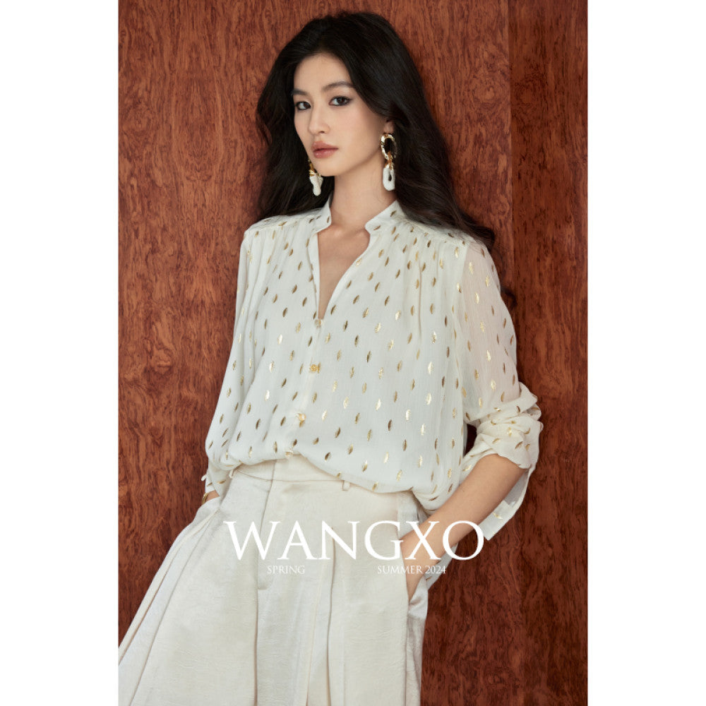 WANGXO Gilded Chiffon with Gold Leaf Pattern Custom Gold Sprinkled Glass Buttons Women s Loose Straight Shirt with Small Stand Up Collar image 9