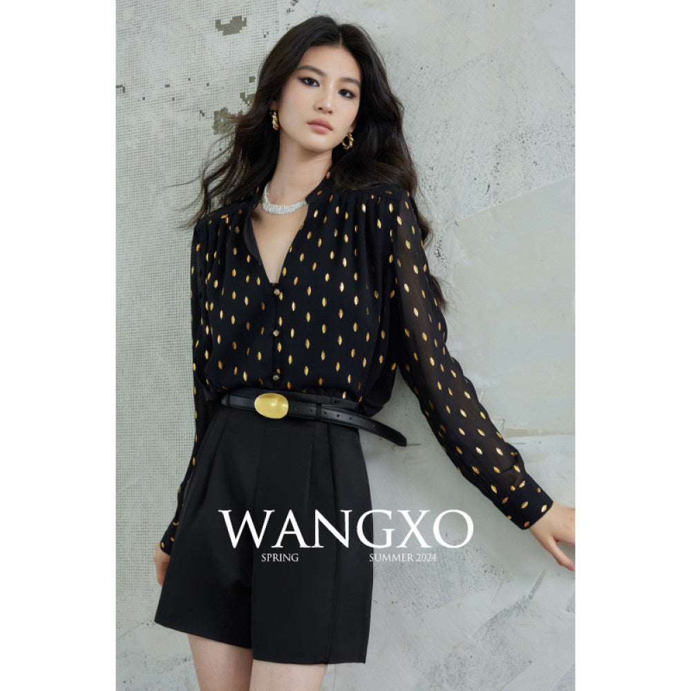 WANGXO Gilded Chiffon with Gold Leaf Pattern Custom Gold Sprinkled Glass Buttons Women s Loose Straight Shirt with Small Stand Up Collar image 16