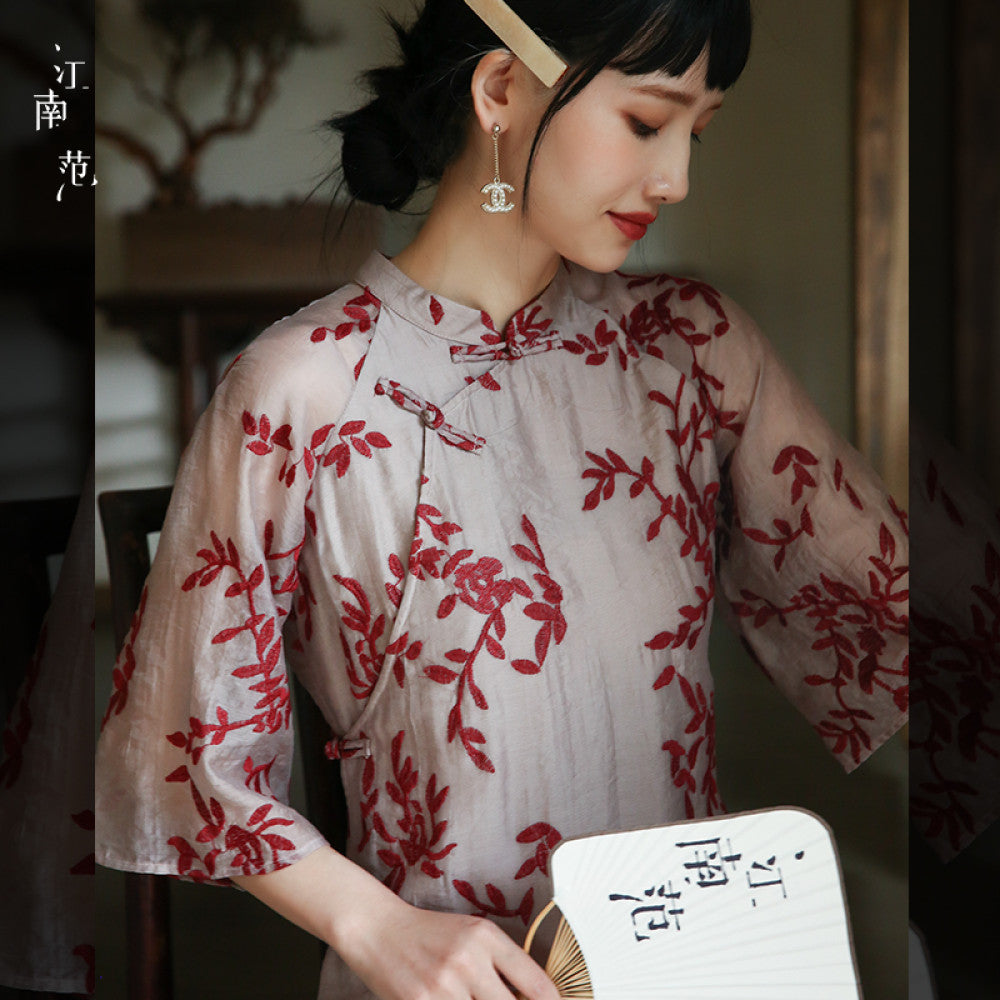 Jiangnan style low collar college entrance examination cheongsam summer improved version buckle retro style embroidery young style slanted collar daily use image 6