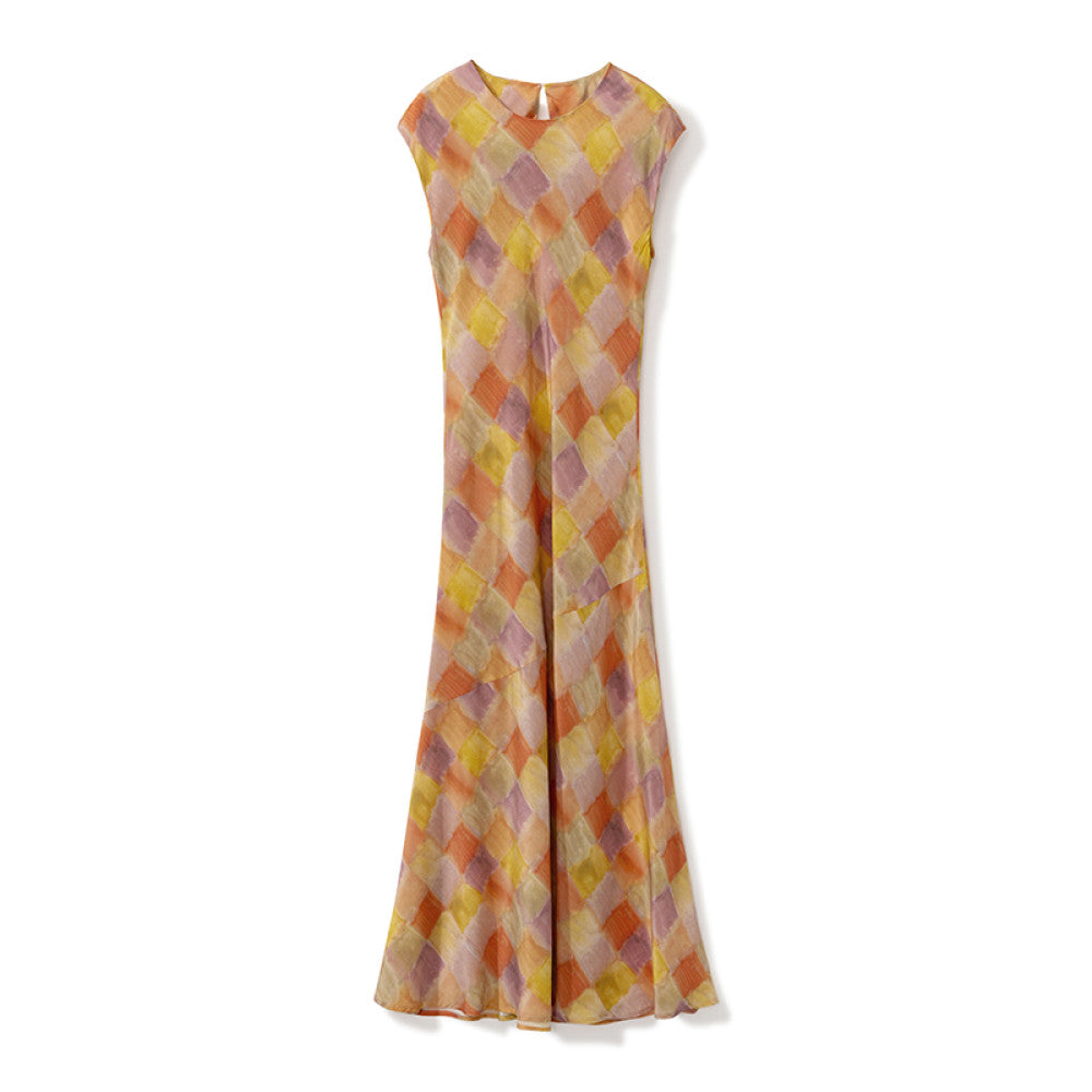 Different from the market version 1OO silk double crepe dress with small cap sleeves asymmetrical bias cut and waisted mulberry silk printed dress image 16