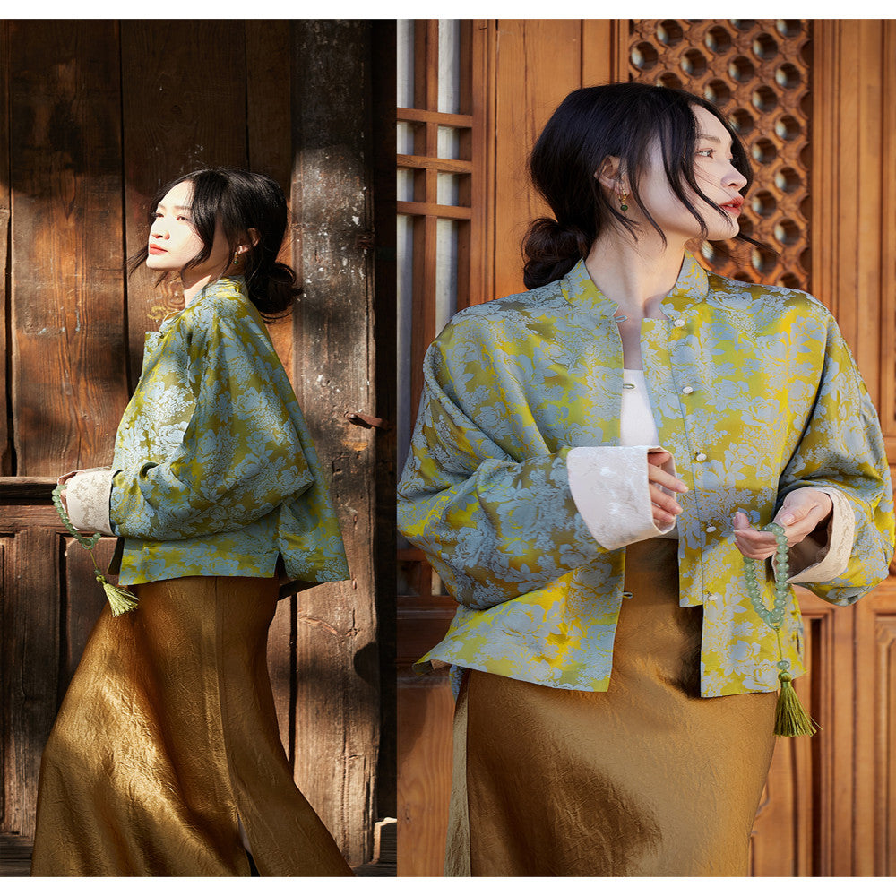 Yutang Rich and Noble Gilded Peony Haitang Pattern Silk Flower Silk New Chinese Old Money Style Short Coat image 2