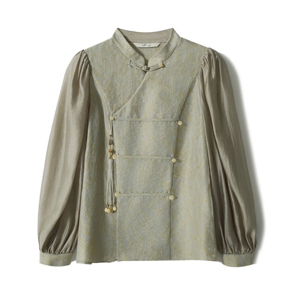 ASAYA3552 Blue-ground gilded peony and crabapple pattern silk flower silk new Chinese style old money style short jacket