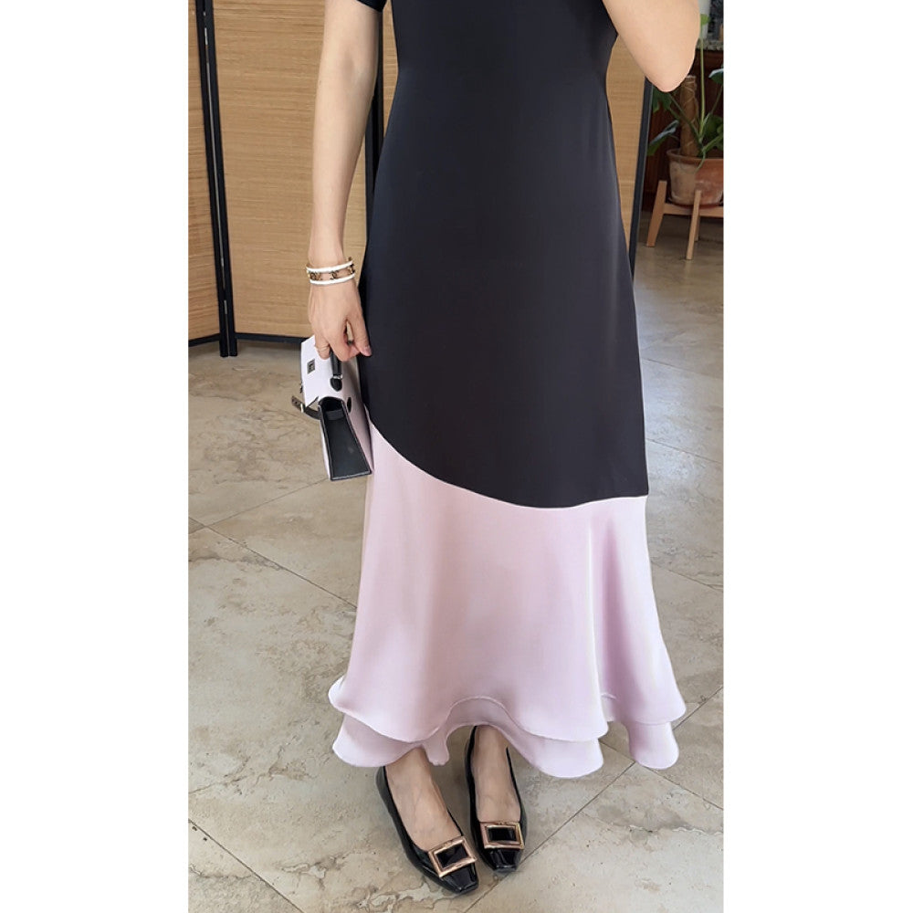 Guo Jiujiu French simple temperament short sleeved satin contrast color waist slim round neck dress summer long skirt image 2