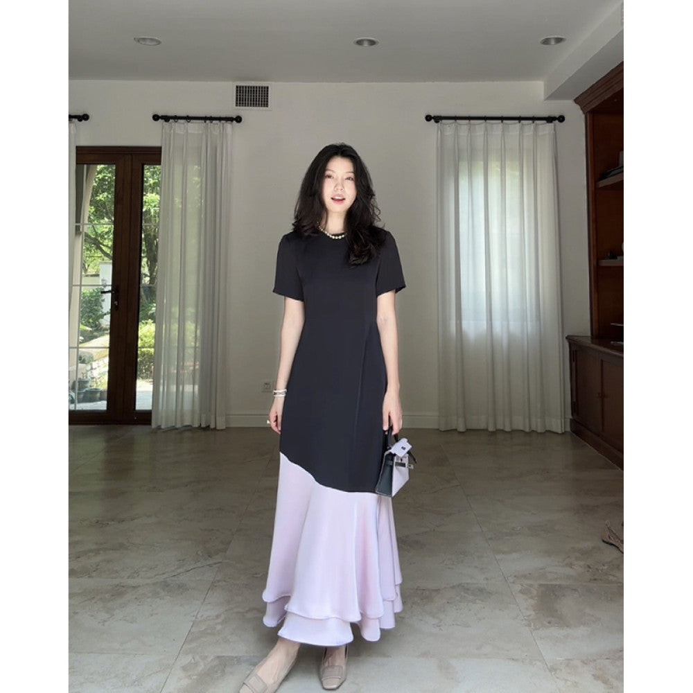 Guo Jiujiu French simple temperament short sleeved satin contrast color waist slim round neck dress summer long skirt image 3