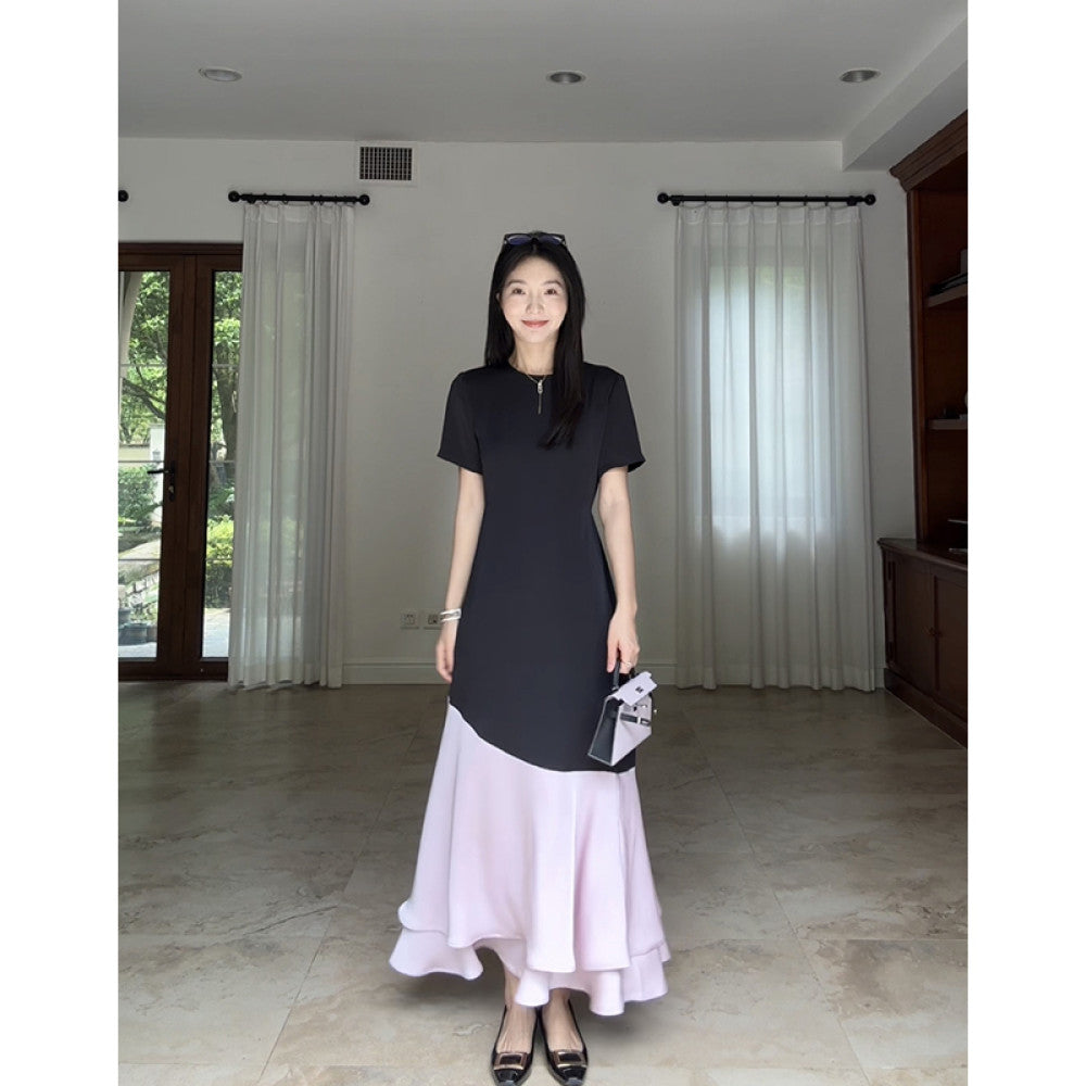 Guo Jiujiu French simple temperament short sleeved satin contrast color waist slim round neck dress summer long skirt image 4