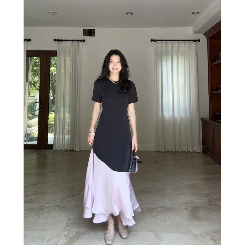Guo Jiujiu French simple temperament short sleeved satin contrast color waist slim round neck dress summer long skirt image 13