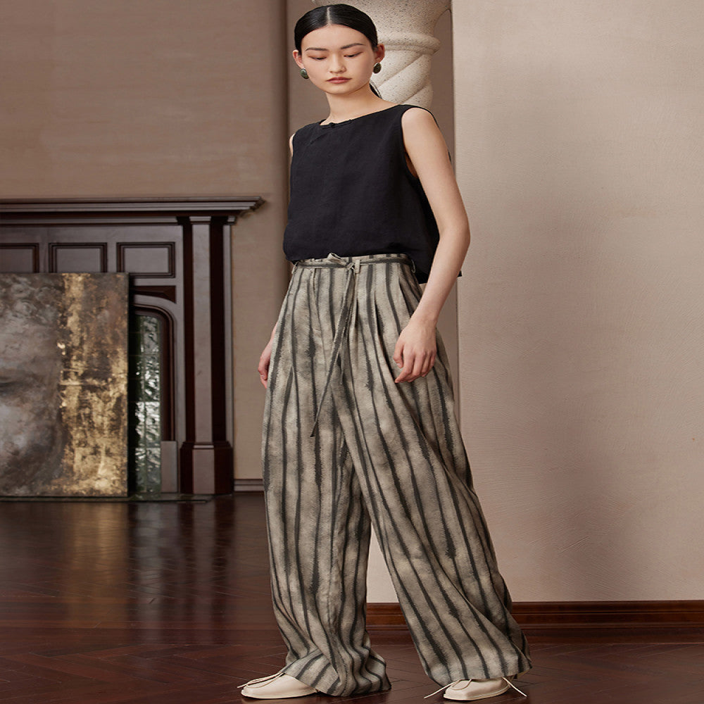 Ruyi Lianyun summer outfit new ink striped double pleated casual pants women s Chinese style retro high waisted wide leg pants image 12