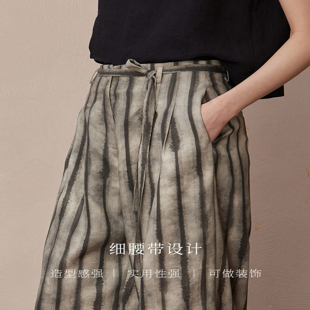 Ruyi Lianyun summer outfit new ink striped double pleated casual pants women s Chinese style retro high waisted wide leg pants image 2