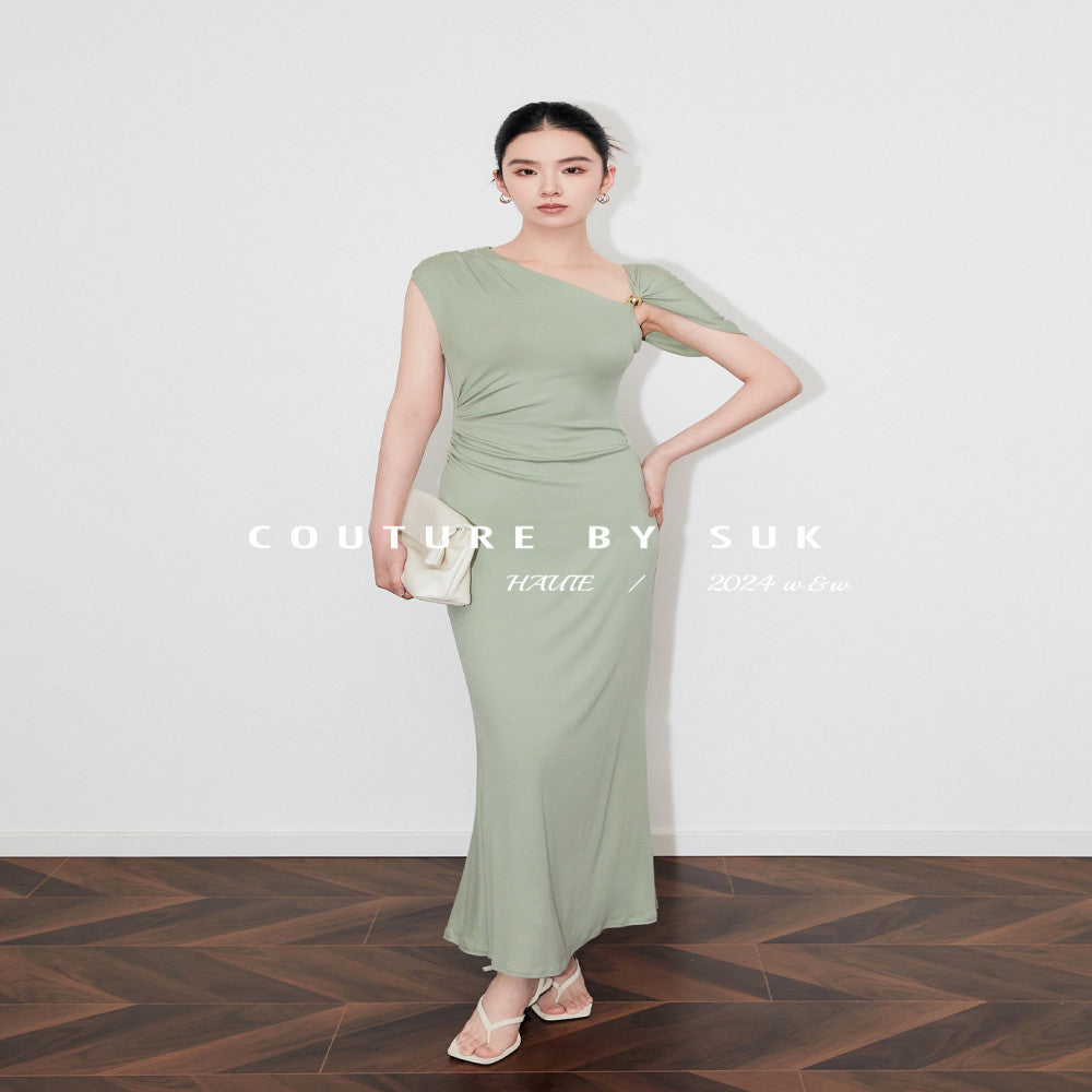 SUK Classic Romance Asymmetrical Off shoulder Dress Waist Pleated Slim Fit Knit Stretch Skirt Summer image 2