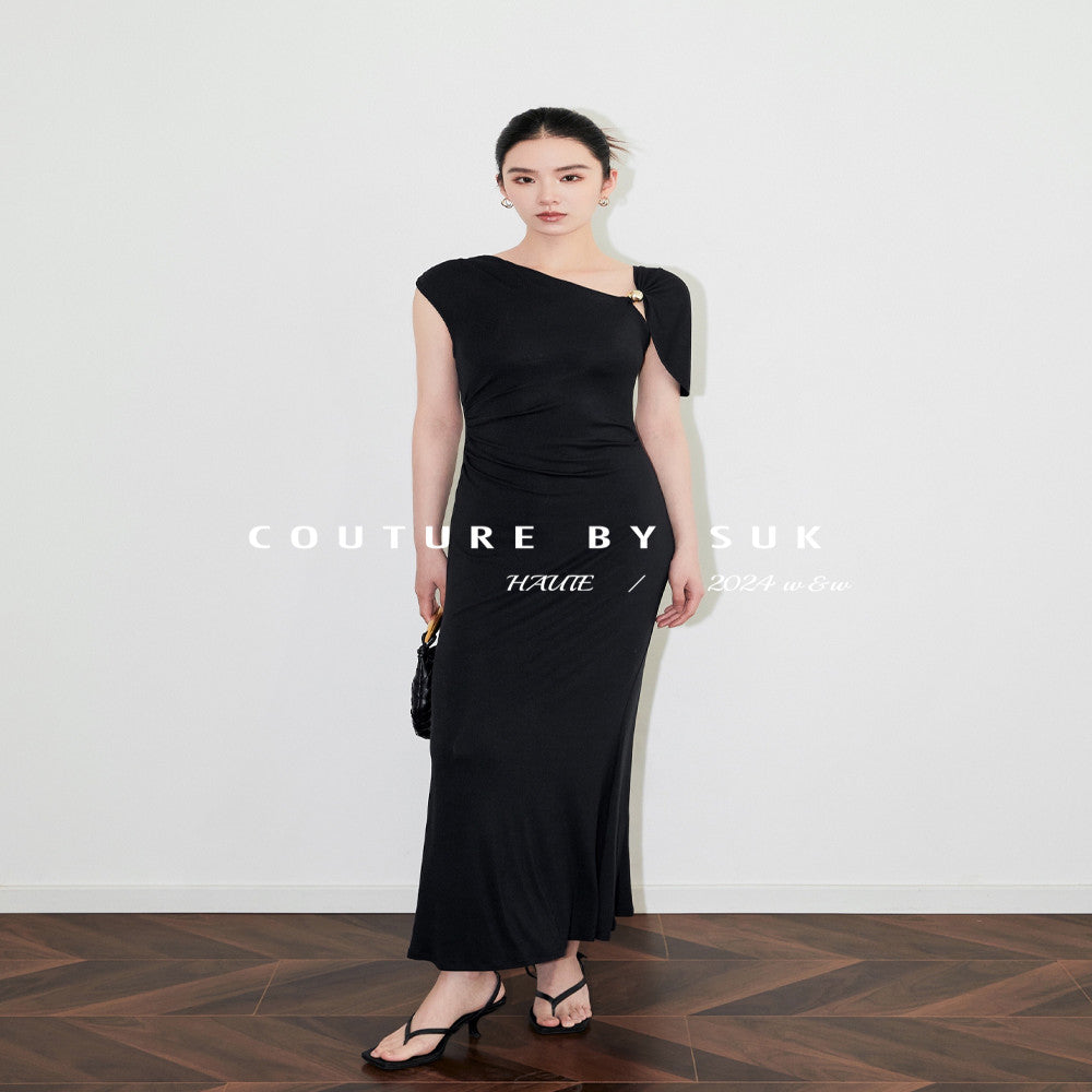 SUK Classic Romance Asymmetrical Off shoulder Dress Waist Pleated Slim Fit Knit Stretch Skirt Summer image 3