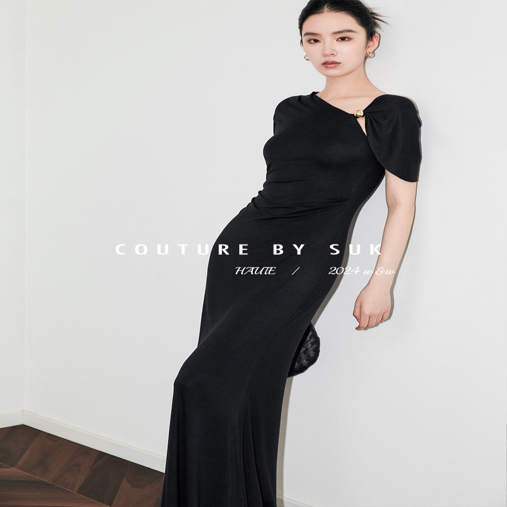 SUK Classic Romance Asymmetrical Off shoulder Dress Waist Pleated Slim Fit Knit Stretch Skirt Summer image 4