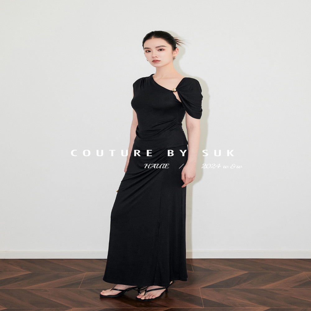 SUK Classic Romance Asymmetrical Off shoulder Dress Waist Pleated Slim Fit Knit Stretch Skirt Summer image 5